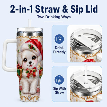 #pl[40oz|White] Christmas Puppy 40oz Tumbler with Handle, Santa Dog Travel Cup