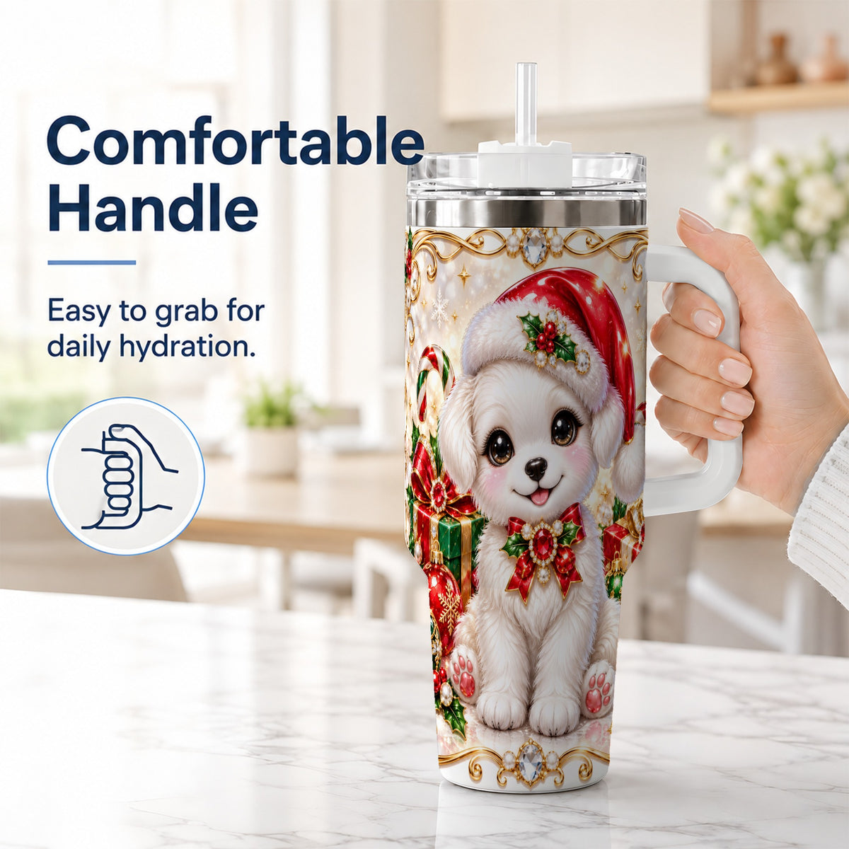 #pl[40oz|White] Christmas Puppy 40oz Tumbler with Handle, Santa Dog Travel Cup