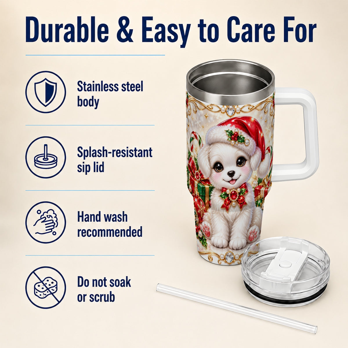 Christmas Puppy 40oz Tumbler with Handle, Santa Dog Travel Cup