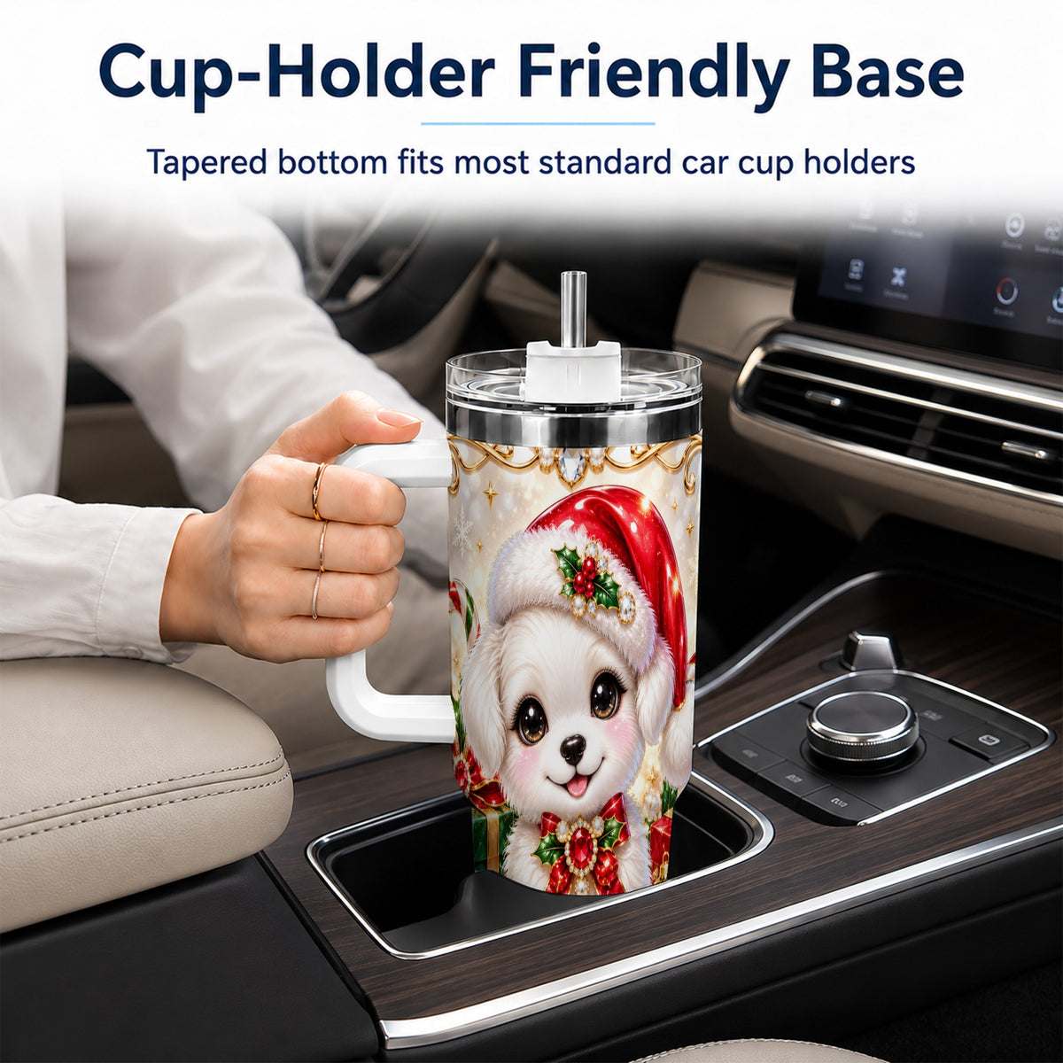 Christmas Puppy 40oz Tumbler with Handle, Santa Dog Travel Cup
