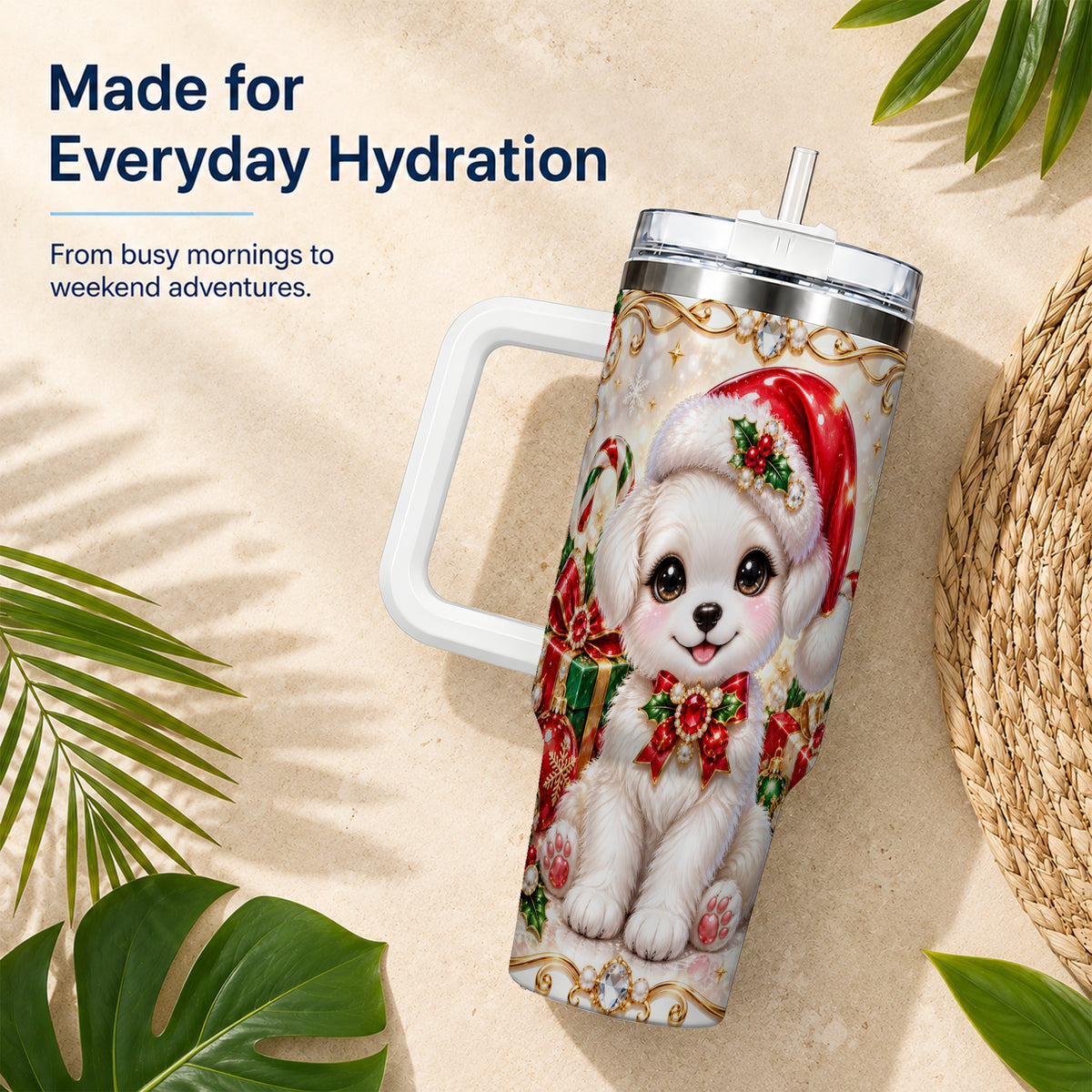 Christmas Puppy 40oz Tumbler with Handle, Santa Dog Travel Cup