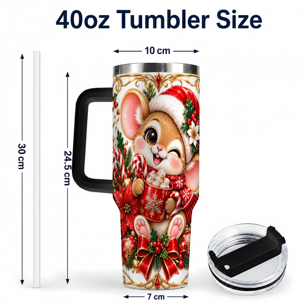 #pl[40oz|Black] Christmas Mouse 40oz Tumbler with Handle, Cocoa Holiday Travel Cup