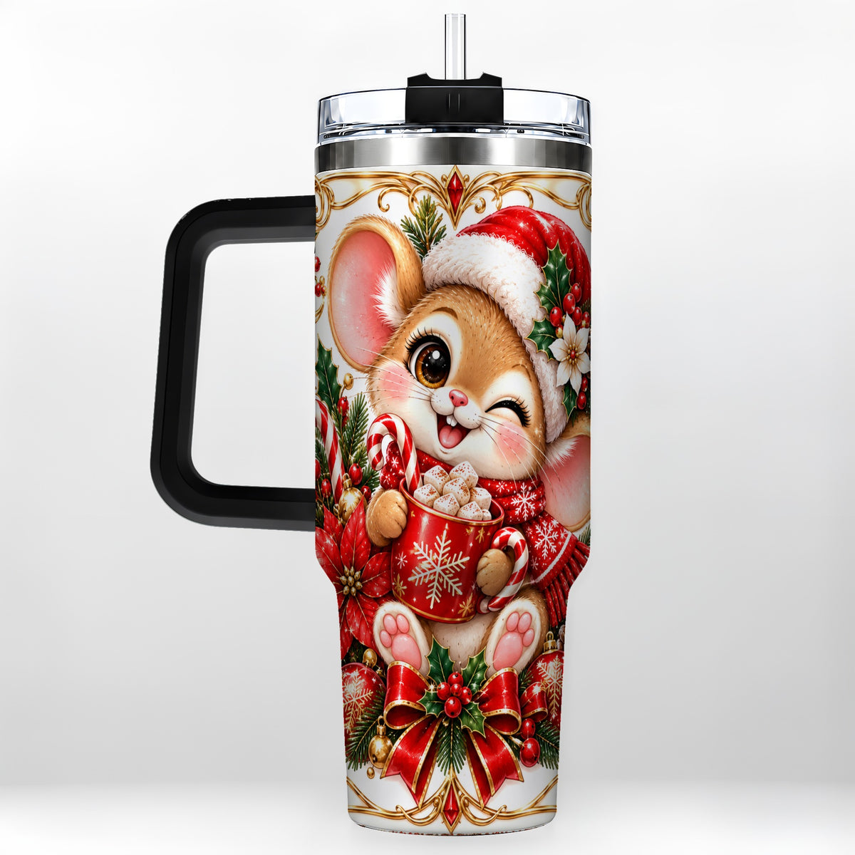 #pl[40oz|Black] Christmas Mouse 40oz Tumbler with Handle, Cocoa Holiday Travel Cup
