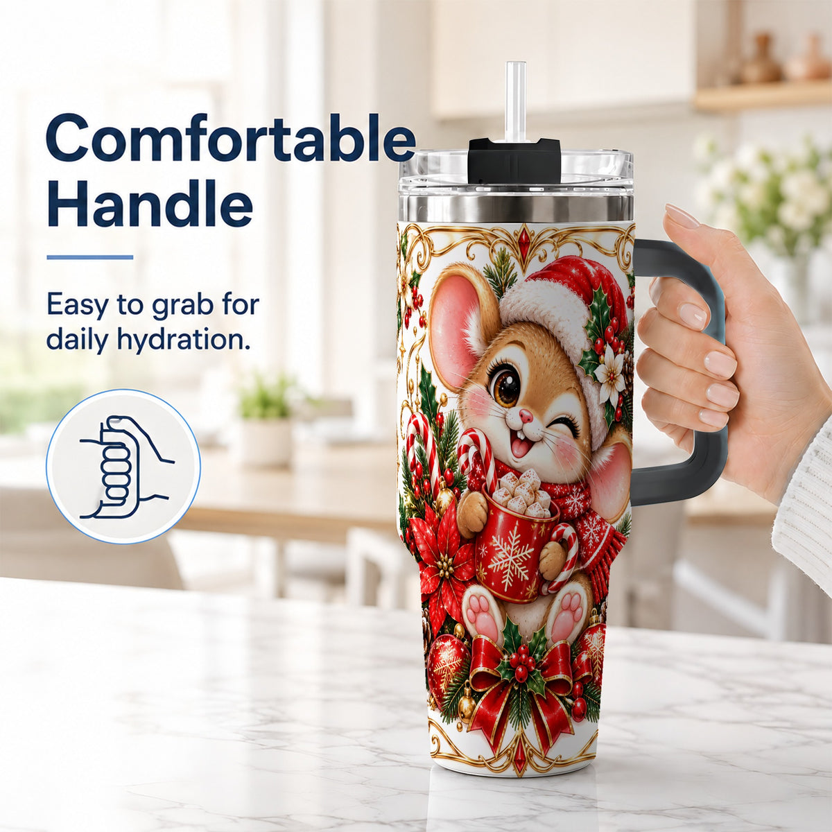 #pl[40oz|Black] Christmas Mouse 40oz Tumbler with Handle, Cocoa Holiday Travel Cup