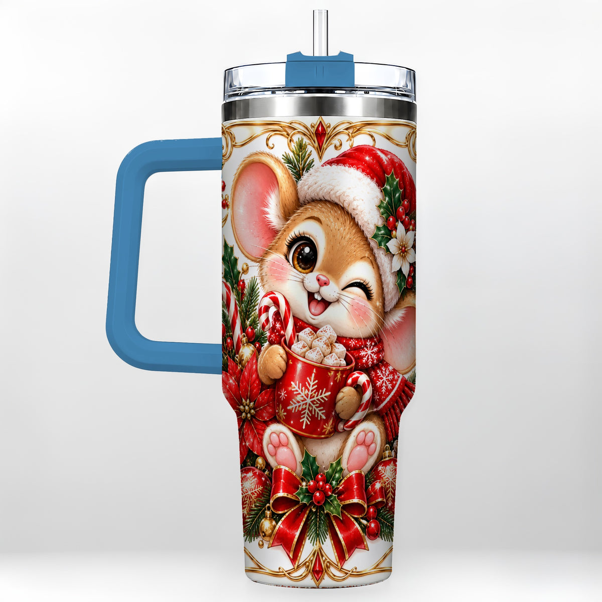 #pl[40oz|Blue] Christmas Mouse 40oz Tumbler with Handle, Cocoa Holiday Travel Cup