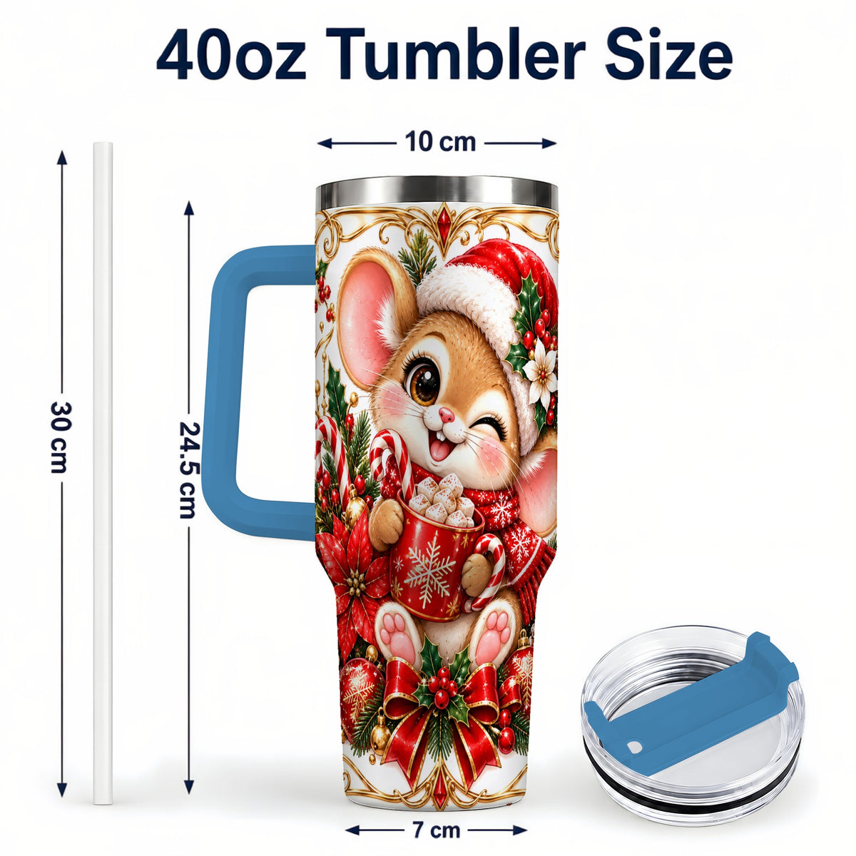 #pl[40oz|Blue] Christmas Mouse 40oz Tumbler with Handle, Cocoa Holiday Travel Cup