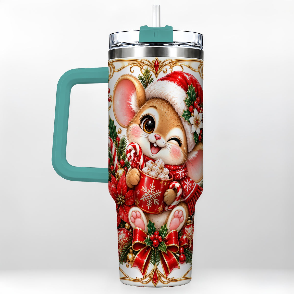 #pl[40oz|Green] Christmas Mouse 40oz Tumbler with Handle, Cocoa Holiday Travel Cup