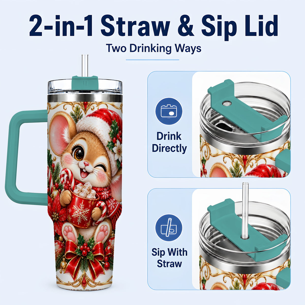 #pl[40oz|Green] Christmas Mouse 40oz Tumbler with Handle, Cocoa Holiday Travel Cup