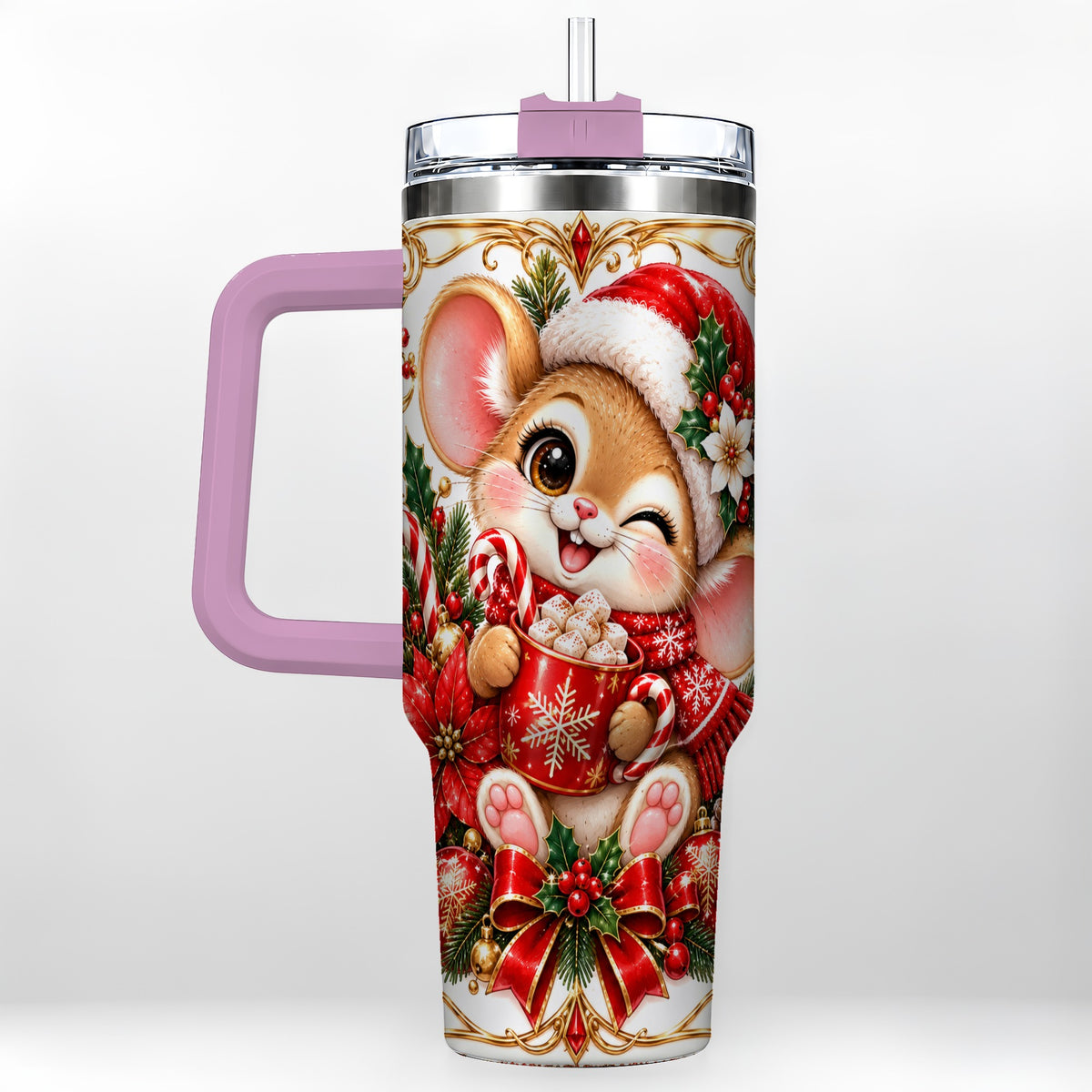 #pl[40oz|Pink] Christmas Mouse 40oz Tumbler with Handle, Cocoa Holiday Travel Cup