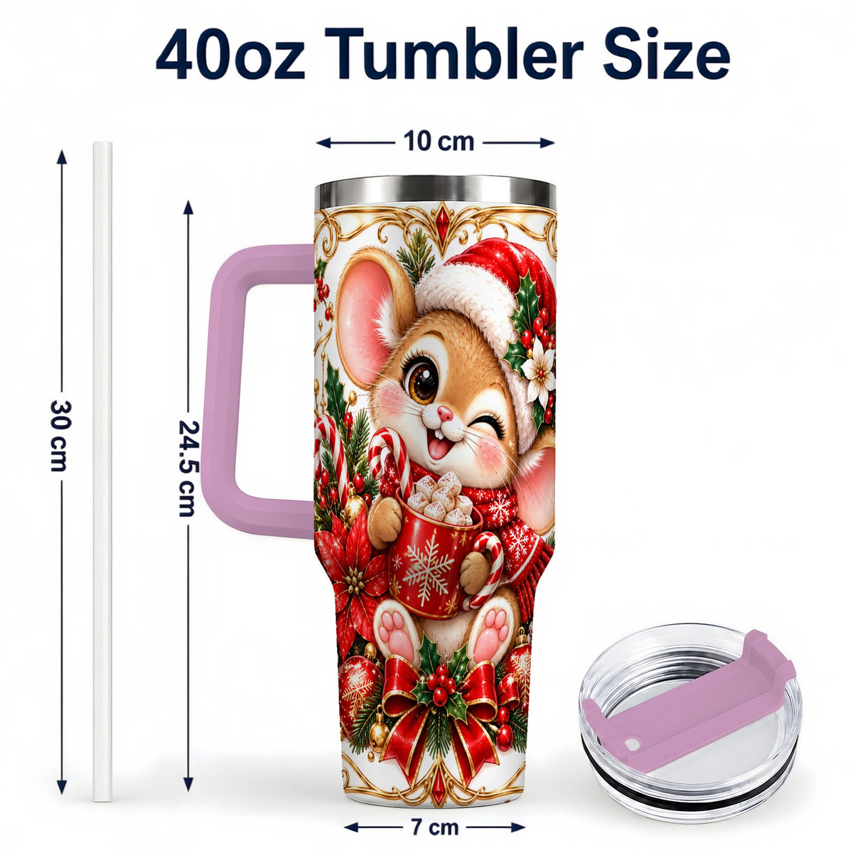 #pl[40oz|Pink] Christmas Mouse 40oz Tumbler with Handle, Cocoa Holiday Travel Cup