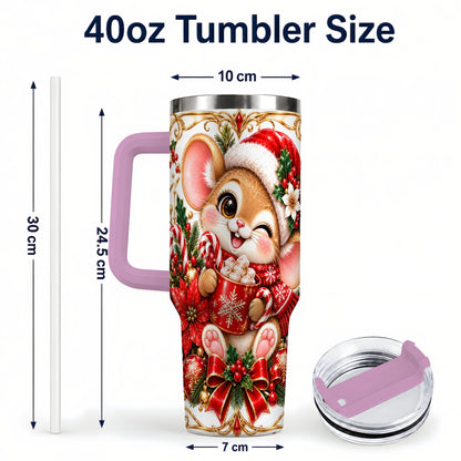 #pl[40oz|Pink] Christmas Mouse 40oz Tumbler with Handle, Cocoa Holiday Travel Cup