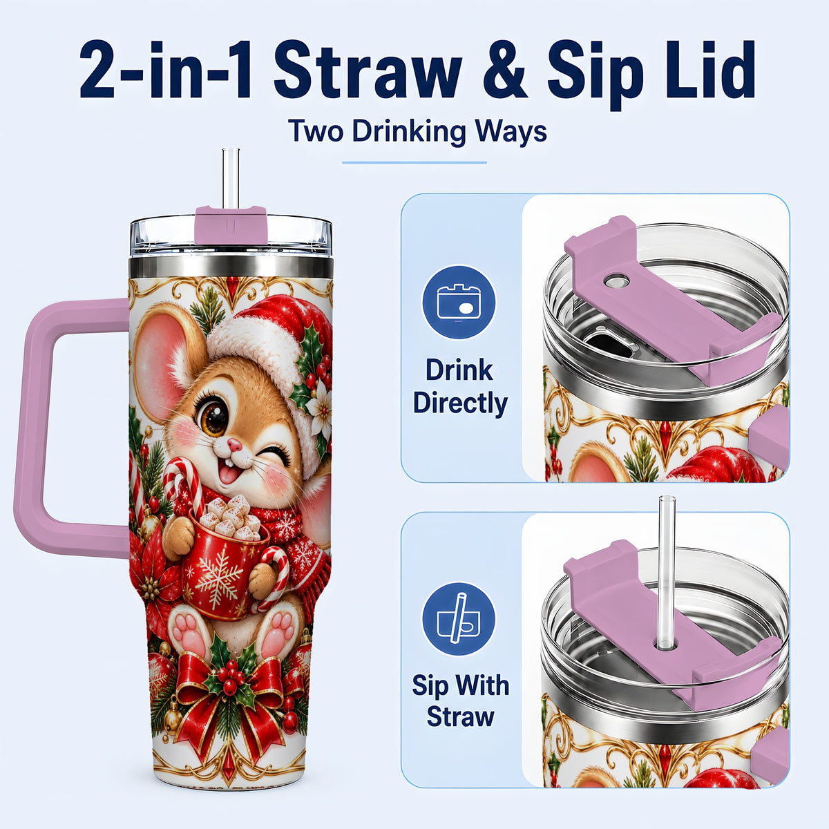 #pl[40oz|Pink] Christmas Mouse 40oz Tumbler with Handle, Cocoa Holiday Travel Cup