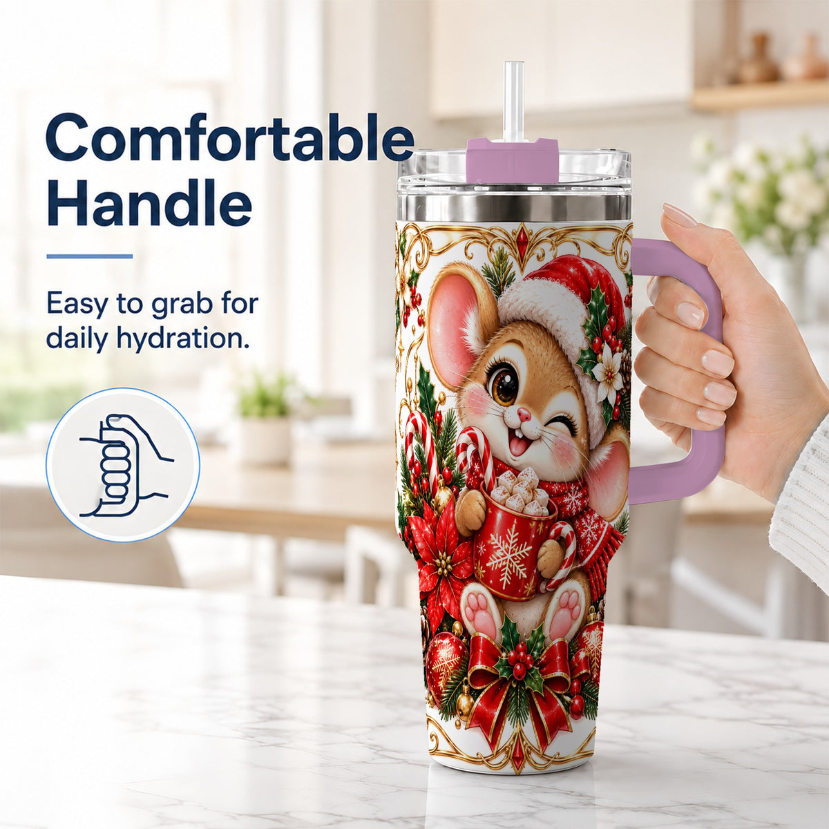 #pl[40oz|Pink] Christmas Mouse 40oz Tumbler with Handle, Cocoa Holiday Travel Cup