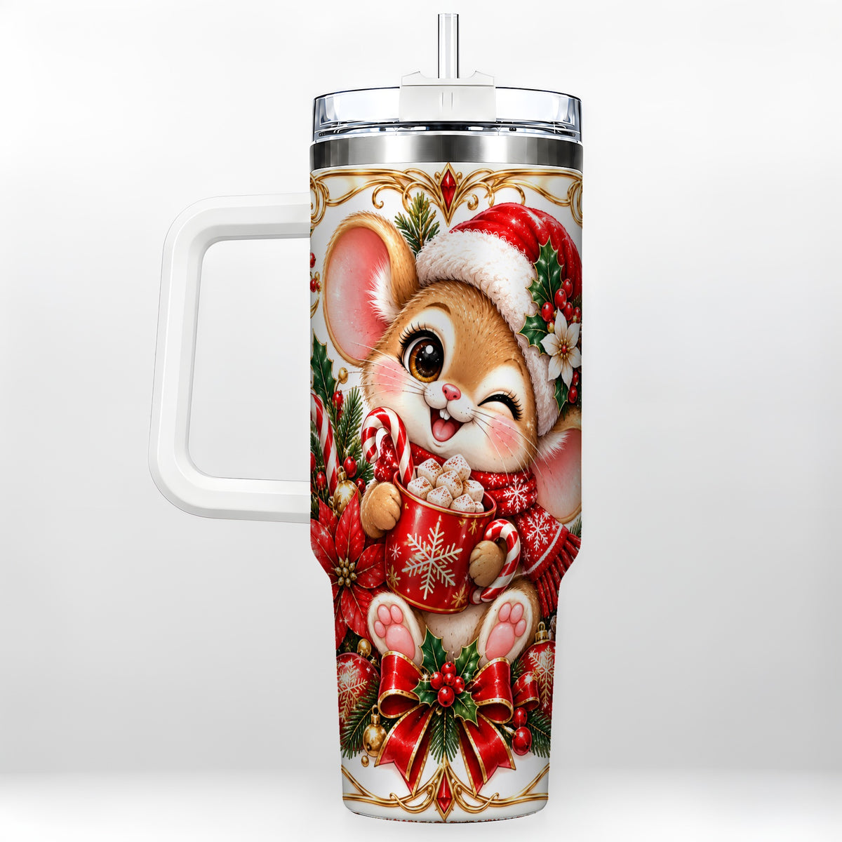 Christmas Mouse 40oz Tumbler with Handle, Cocoa Holiday Travel Cup