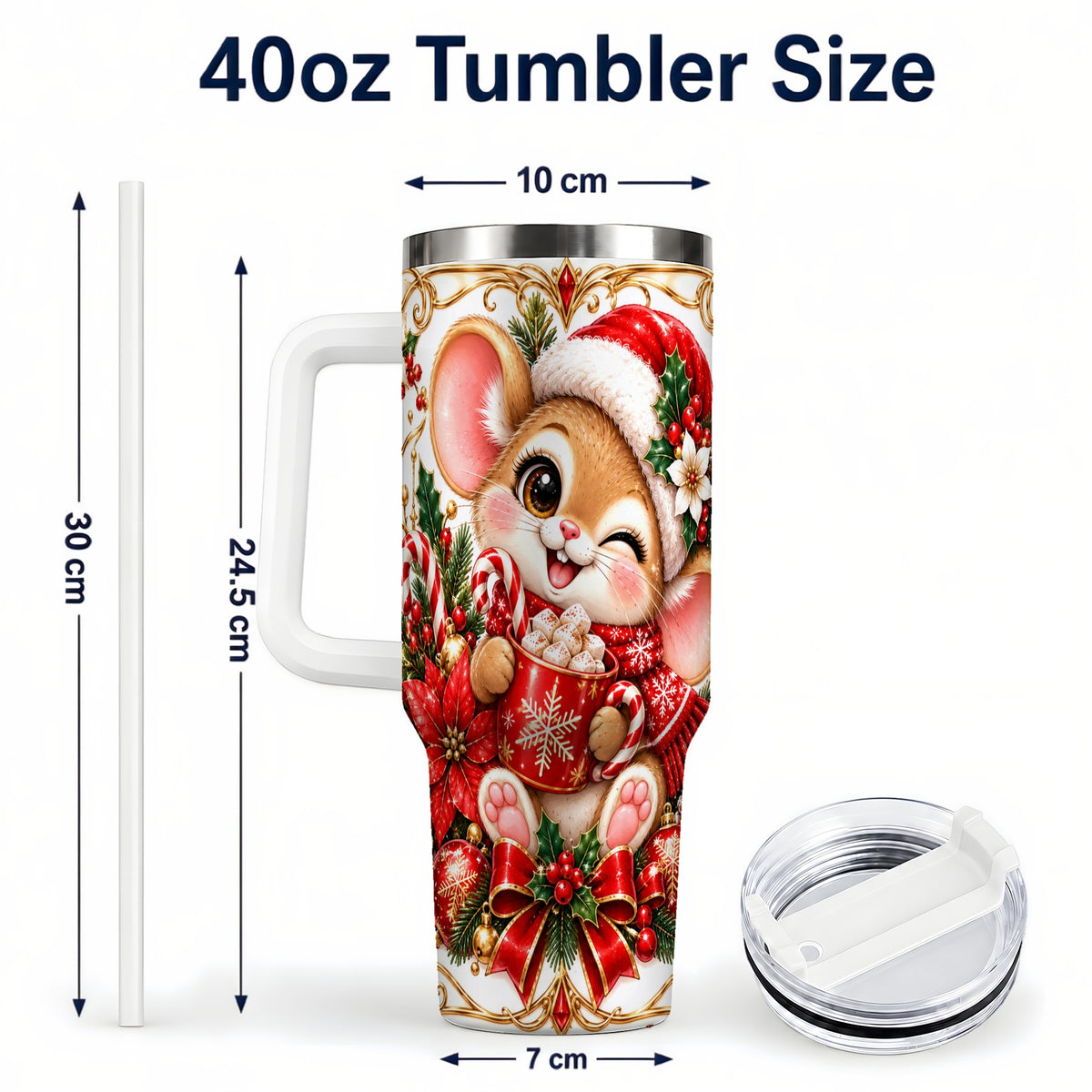 #pl[40oz|White] Christmas Mouse 40oz Tumbler with Handle, Cocoa Holiday Travel Cup