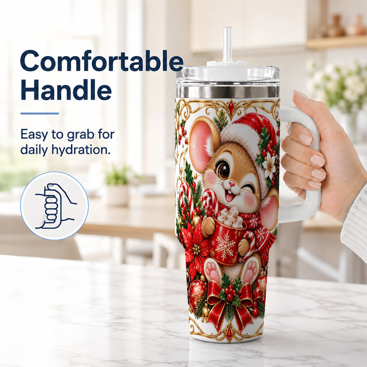 #pl[40oz|White] Christmas Mouse 40oz Tumbler with Handle, Cocoa Holiday Travel Cup