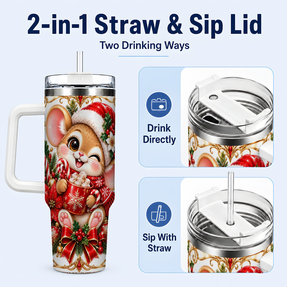 #pl[40oz|White] Christmas Mouse 40oz Tumbler with Handle, Cocoa Holiday Travel Cup