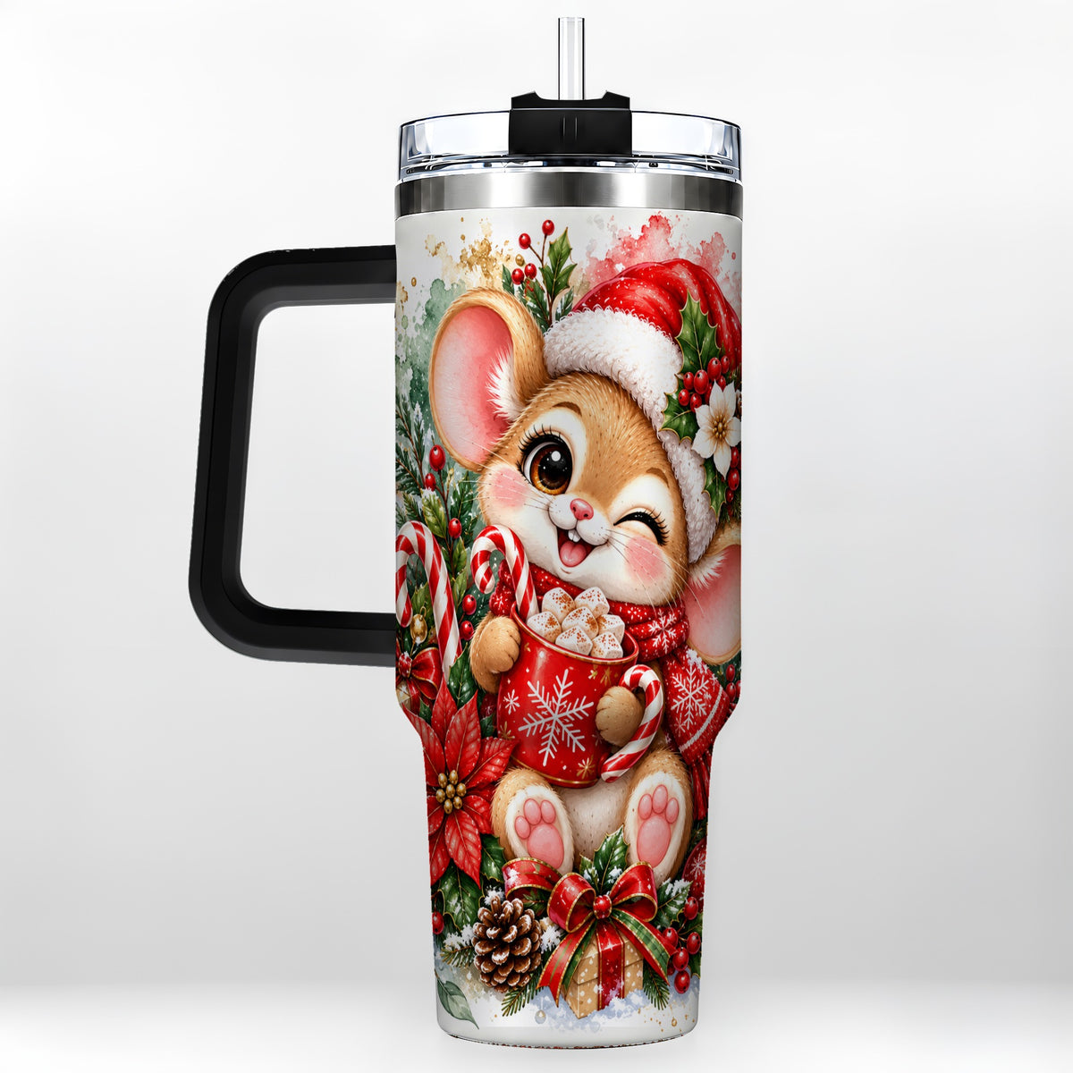 #pl[40oz|Black] Watercolor Mouse 40oz Tumbler with Handle, Cocoa Holiday Travel Cup