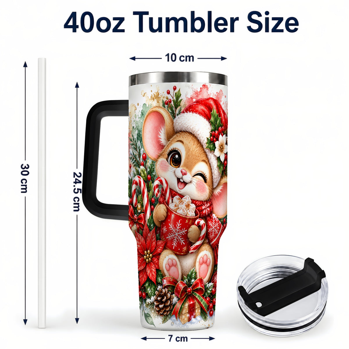 #pl[40oz|Black] Watercolor Mouse 40oz Tumbler with Handle, Cocoa Holiday Travel Cup