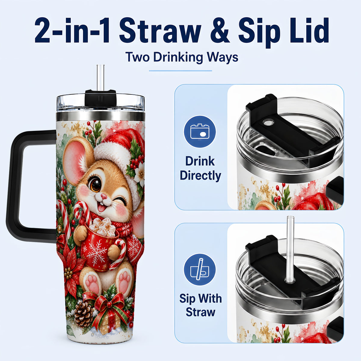 #pl[40oz|Black] Watercolor Mouse 40oz Tumbler with Handle, Cocoa Holiday Travel Cup
