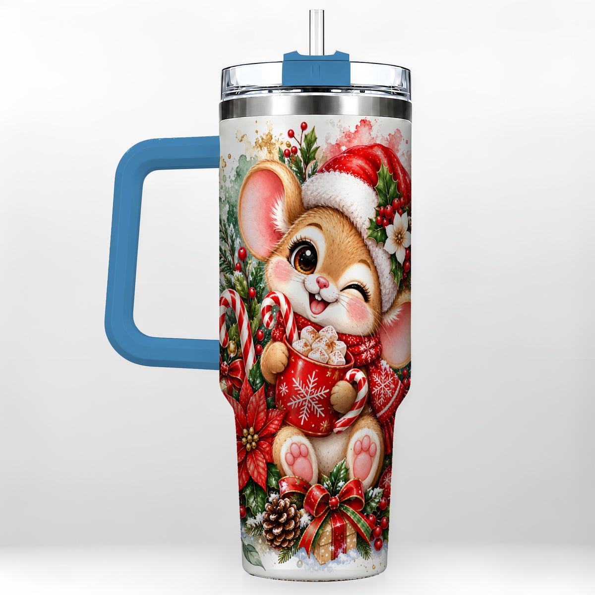 #pl[40oz|Blue] Watercolor Mouse 40oz Tumbler with Handle, Cocoa Holiday Travel Cup