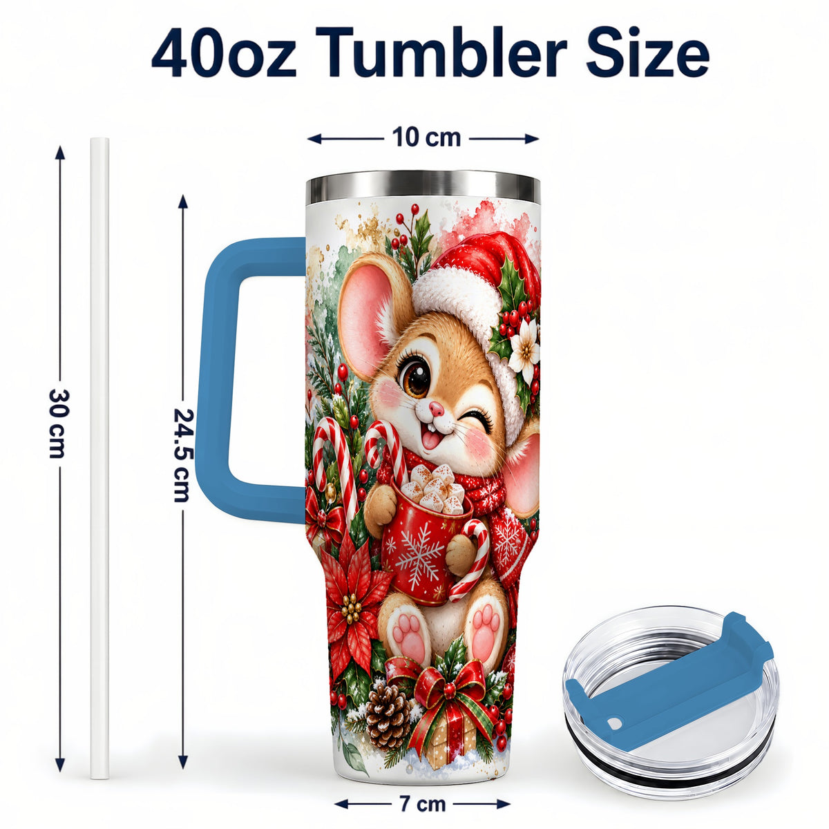 #pl[40oz|Blue] Watercolor Mouse 40oz Tumbler with Handle, Cocoa Holiday Travel Cup