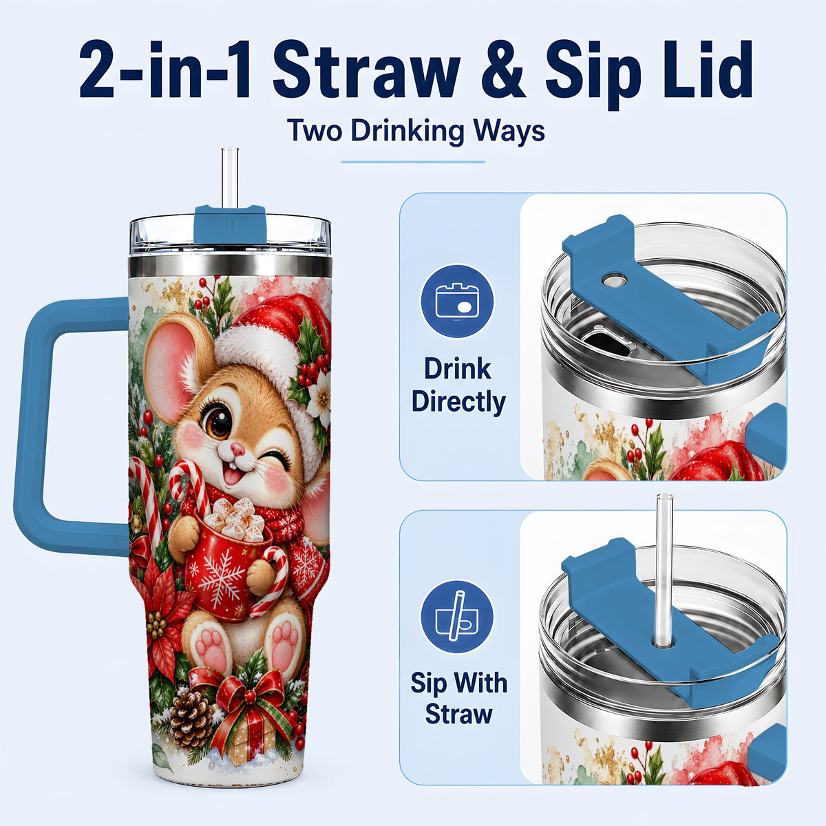 #pl[40oz|Blue] Watercolor Mouse 40oz Tumbler with Handle, Cocoa Holiday Travel Cup