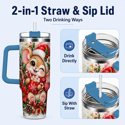 #pl[40oz|Blue] Watercolor Mouse 40oz Tumbler with Handle, Cocoa Holiday Travel Cup