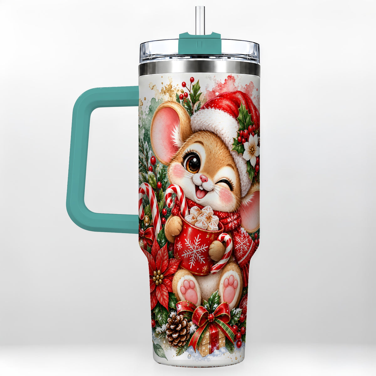 #pl[40oz|Green] Watercolor Mouse 40oz Tumbler with Handle, Cocoa Holiday Travel Cup