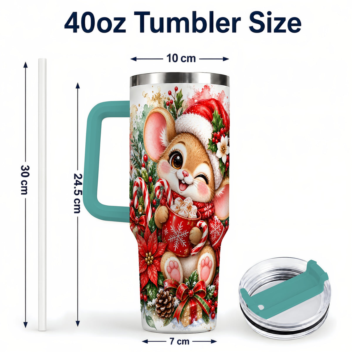 #pl[40oz|Green] Watercolor Mouse 40oz Tumbler with Handle, Cocoa Holiday Travel Cup