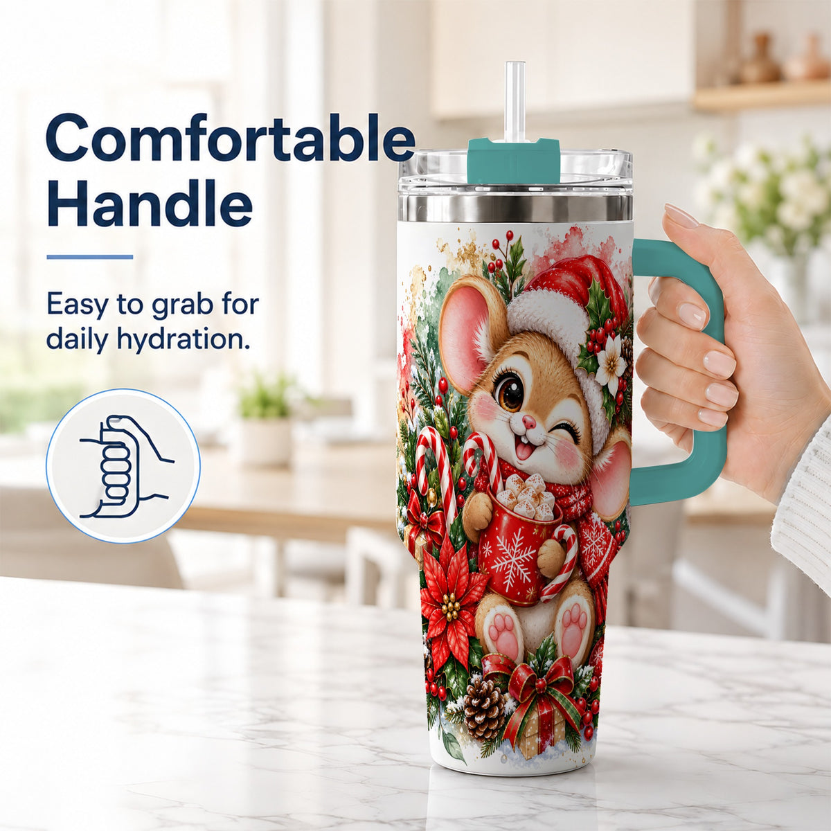 #pl[40oz|Green] Watercolor Mouse 40oz Tumbler with Handle, Cocoa Holiday Travel Cup