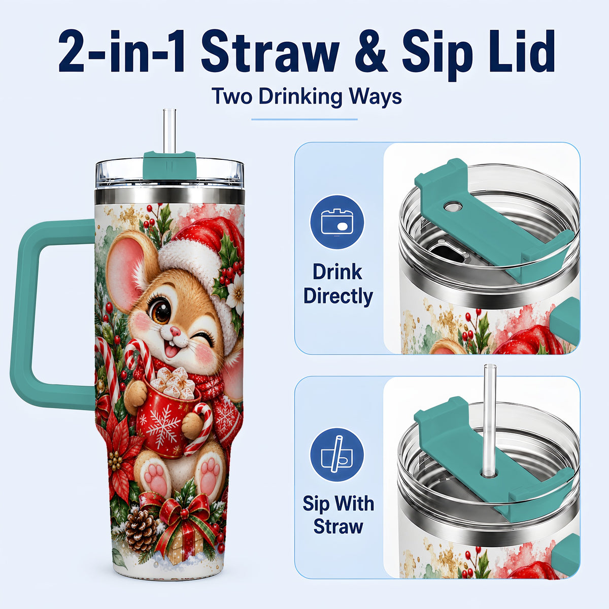 #pl[40oz|Green] Watercolor Mouse 40oz Tumbler with Handle, Cocoa Holiday Travel Cup