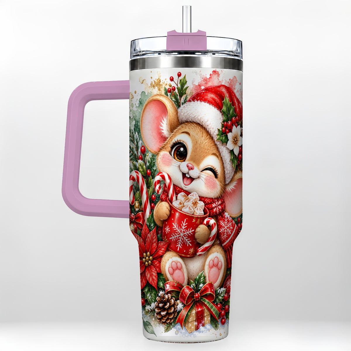 #pl[40oz|Pink] Watercolor Mouse 40oz Tumbler with Handle, Cocoa Holiday Travel Cup
