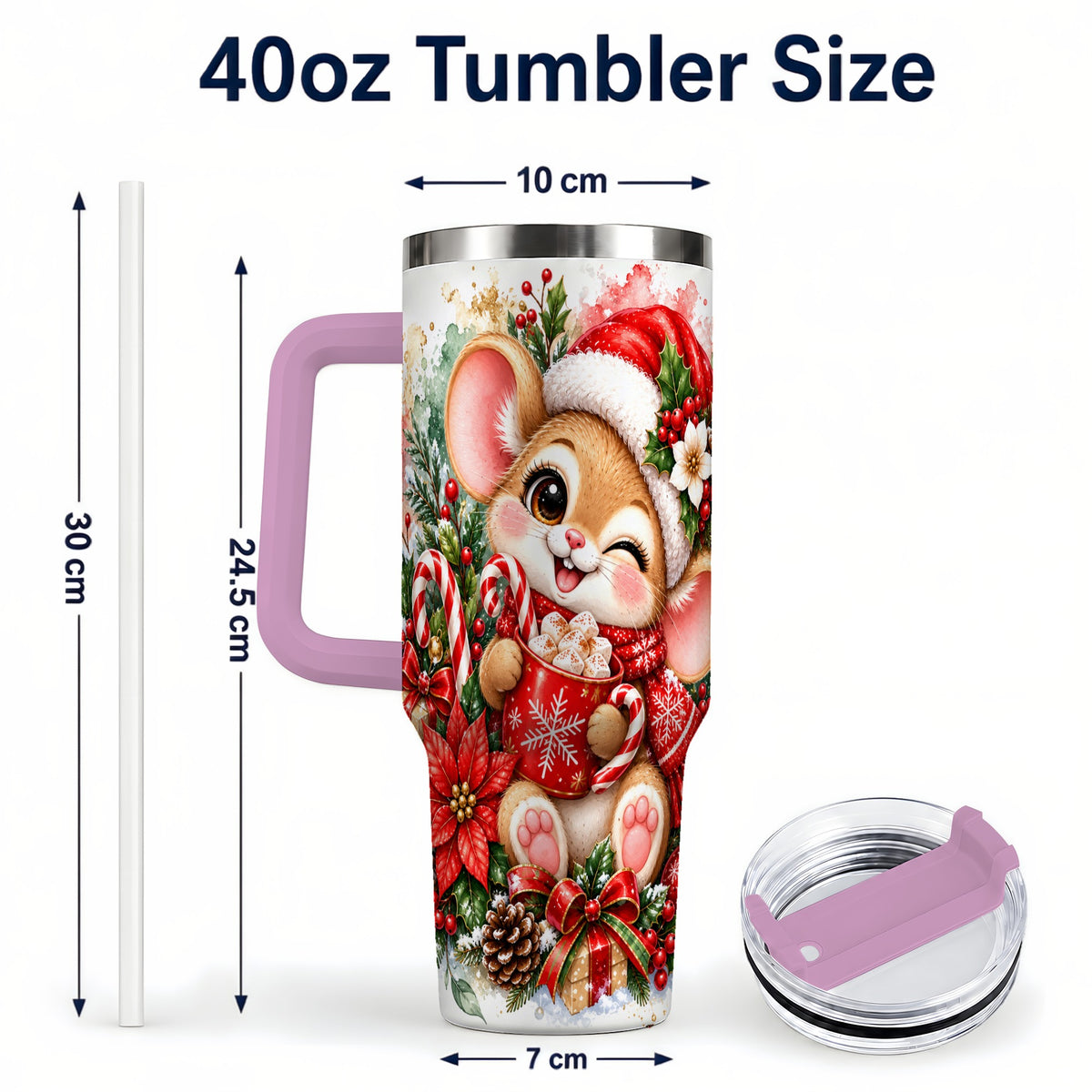 #pl[40oz|Pink] Watercolor Mouse 40oz Tumbler with Handle, Cocoa Holiday Travel Cup