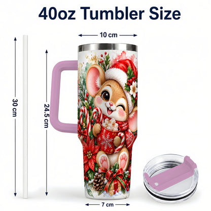 #pl[40oz|Pink] Watercolor Mouse 40oz Tumbler with Handle, Cocoa Holiday Travel Cup