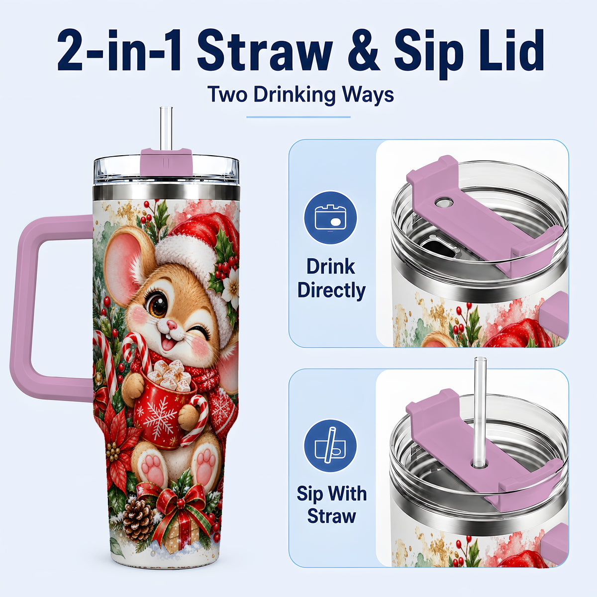 #pl[40oz|Pink] Watercolor Mouse 40oz Tumbler with Handle, Cocoa Holiday Travel Cup