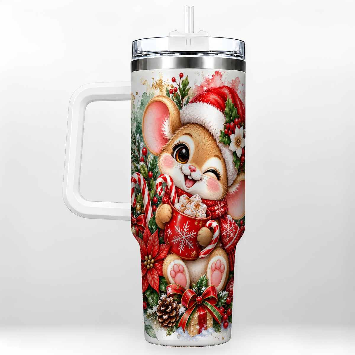 Watercolor Mouse 40oz Tumbler with Handle, Cocoa Holiday Travel Cup