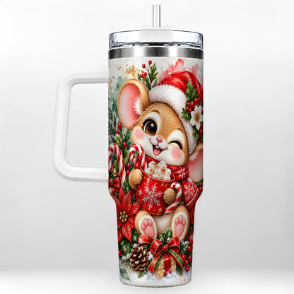 Watercolor Mouse 40oz Tumbler with Handle, Cocoa Holiday Travel Cup