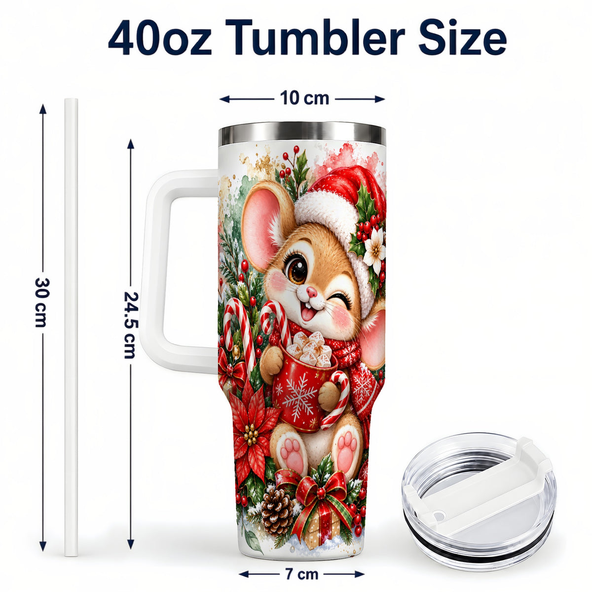 #pl[40oz|White] Watercolor Mouse 40oz Tumbler with Handle, Cocoa Holiday Travel Cup