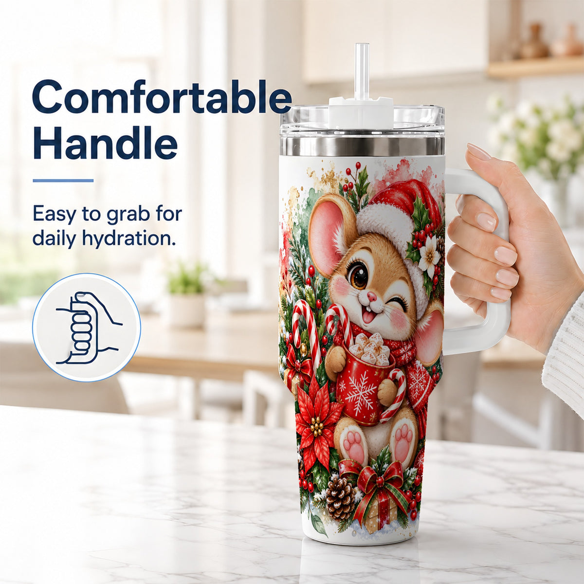 #pl[40oz|White] Watercolor Mouse 40oz Tumbler with Handle, Cocoa Holiday Travel Cup