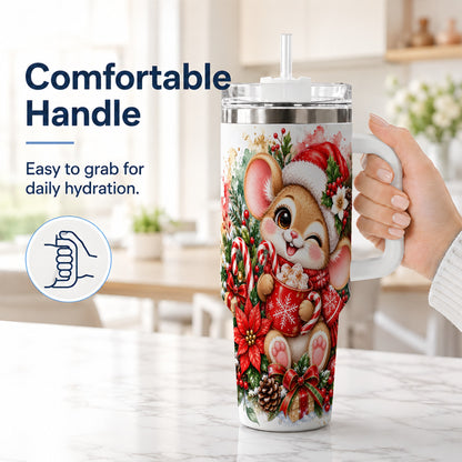 #pl[40oz|White] Watercolor Mouse 40oz Tumbler with Handle, Cocoa Holiday Travel Cup