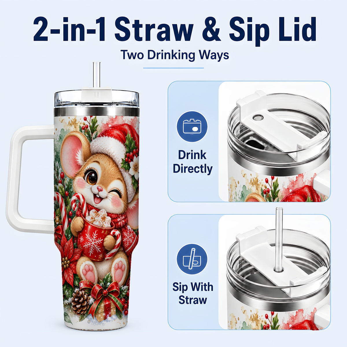 #pl[40oz|White] Watercolor Mouse 40oz Tumbler with Handle, Cocoa Holiday Travel Cup