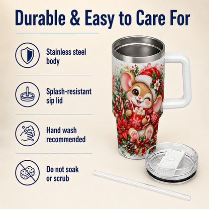 Watercolor Mouse 40oz Tumbler with Handle, Cocoa Holiday Travel Cup