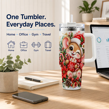 Watercolor Mouse 40oz Tumbler with Handle, Cocoa Holiday Travel Cup