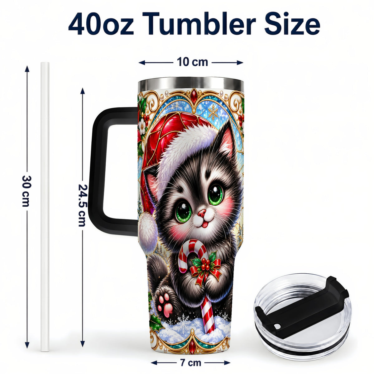 #pl[40oz|Black] Christmas Kitten 40oz Tumbler with Handle, Candy Cane Travel Cup