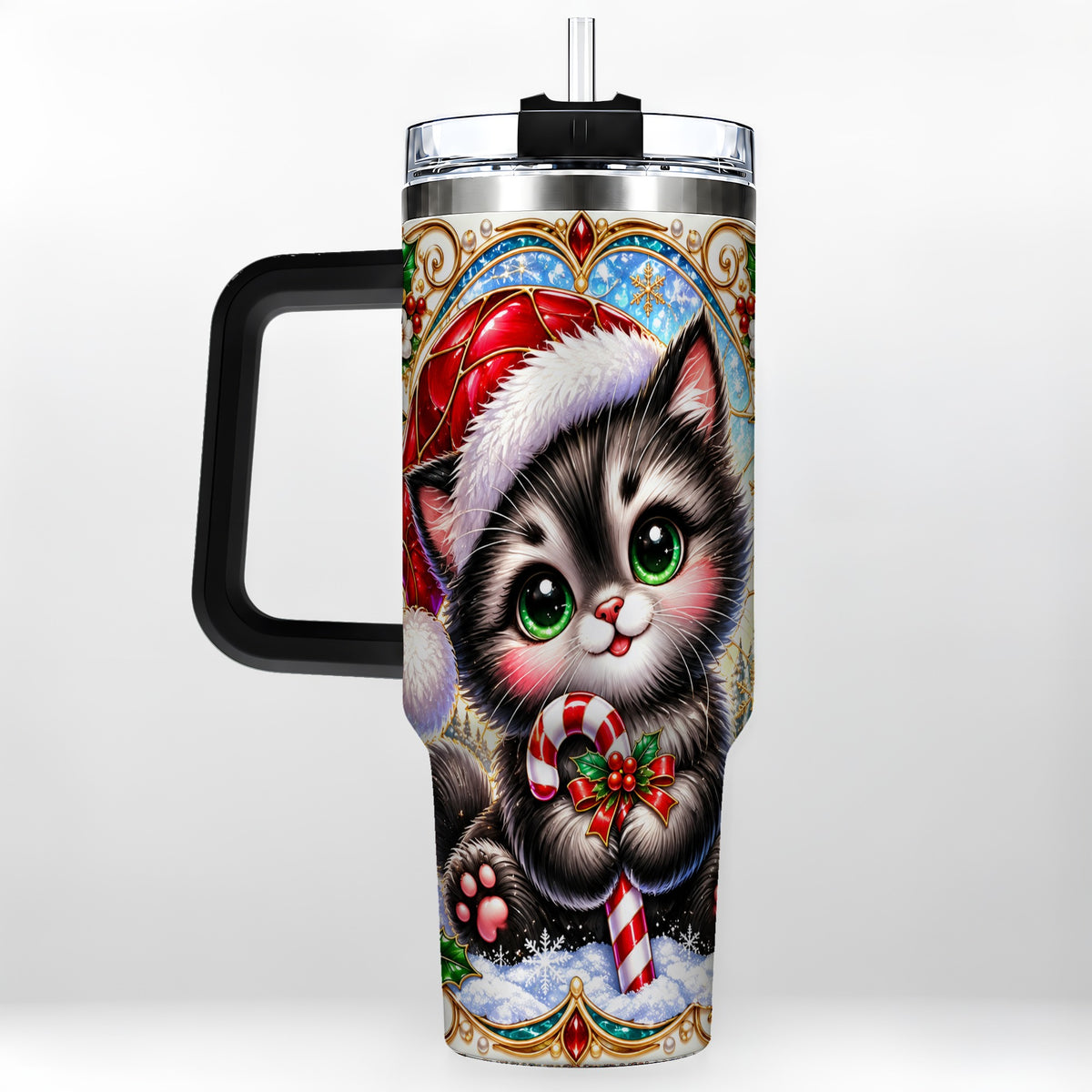 #pl[40oz|Black] Christmas Kitten 40oz Tumbler with Handle, Candy Cane Travel Cup