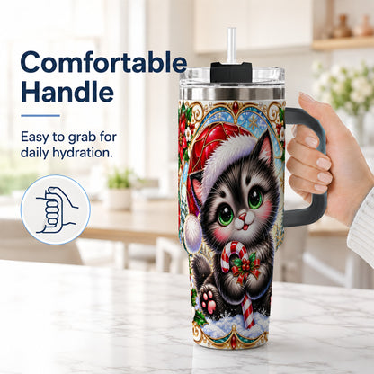 #pl[40oz|Black] Christmas Kitten 40oz Tumbler with Handle, Candy Cane Travel Cup