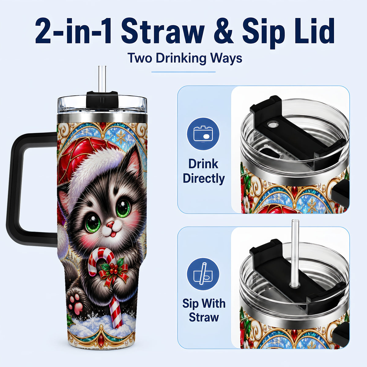 #pl[40oz|Black] Christmas Kitten 40oz Tumbler with Handle, Candy Cane Travel Cup