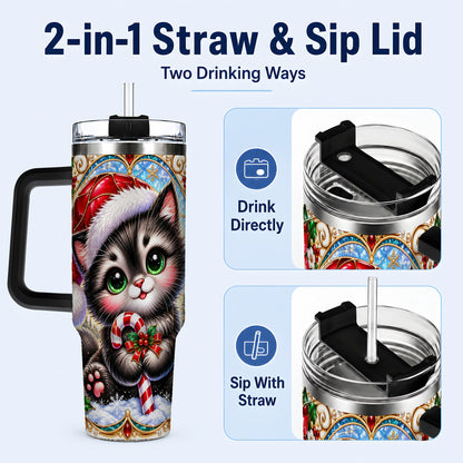 #pl[40oz|Black] Christmas Kitten 40oz Tumbler with Handle, Candy Cane Travel Cup