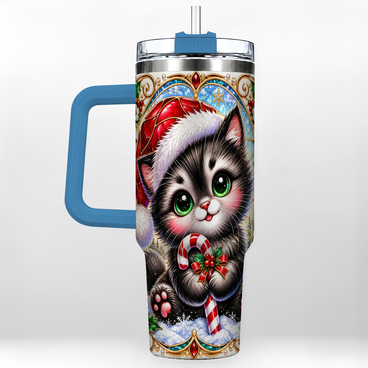 #pl[40oz|Blue] Christmas Kitten 40oz Tumbler with Handle, Candy Cane Travel Cup